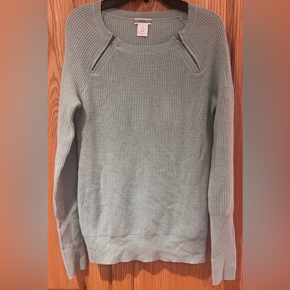 J. Crew Cashmere Crewneck Pullover Zipper Details Fitted Green Sweater Size XSโ